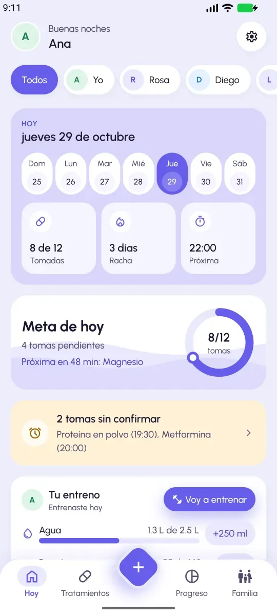 Pantalla Hoy de DosiGo con las tomas de cada familiar ordenadas por hora.